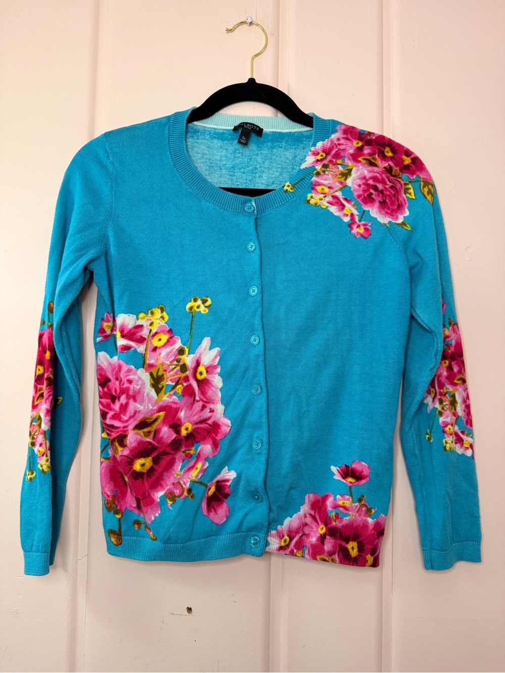 Talbots Turquoise Floral Crewneck Button-Front Cardigan SzSP